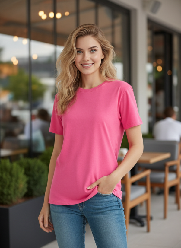 Women Plain Tee - Shocking Pink