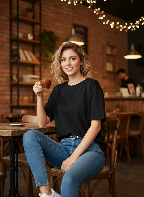 Women Drop Shoulder Tee - Black