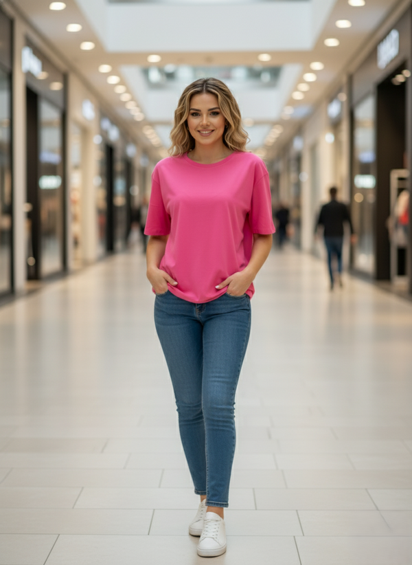 Women Drop Shoulder Tee - Hot Pink