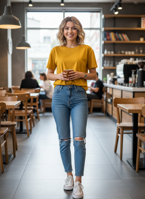 Women Drop Shoulder Tee - Mustard