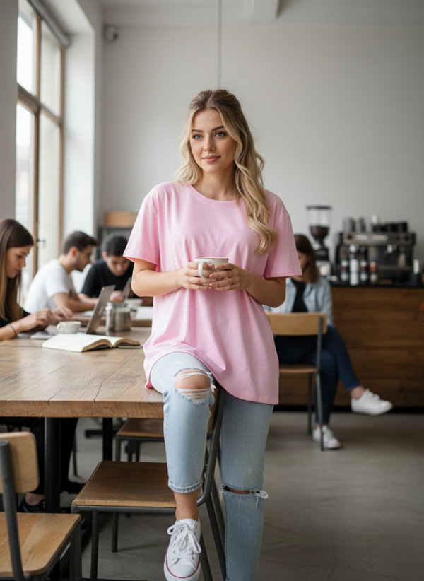 Women Drop Shoulder Tee - Pink